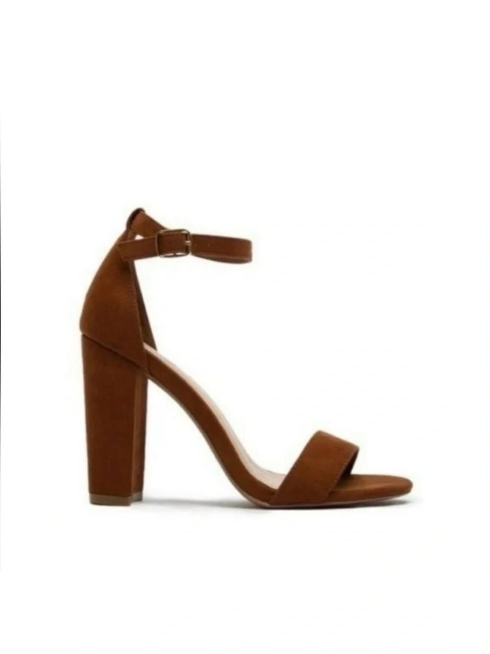 Chestnut Brown suede block heels sandals pumps party peep toe ankle strap buckle